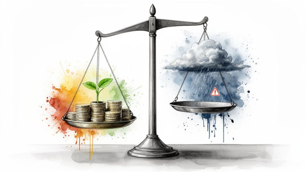 A balance scale weighing financial growth (coins, plant) against potential risks (storm cloud, warning).