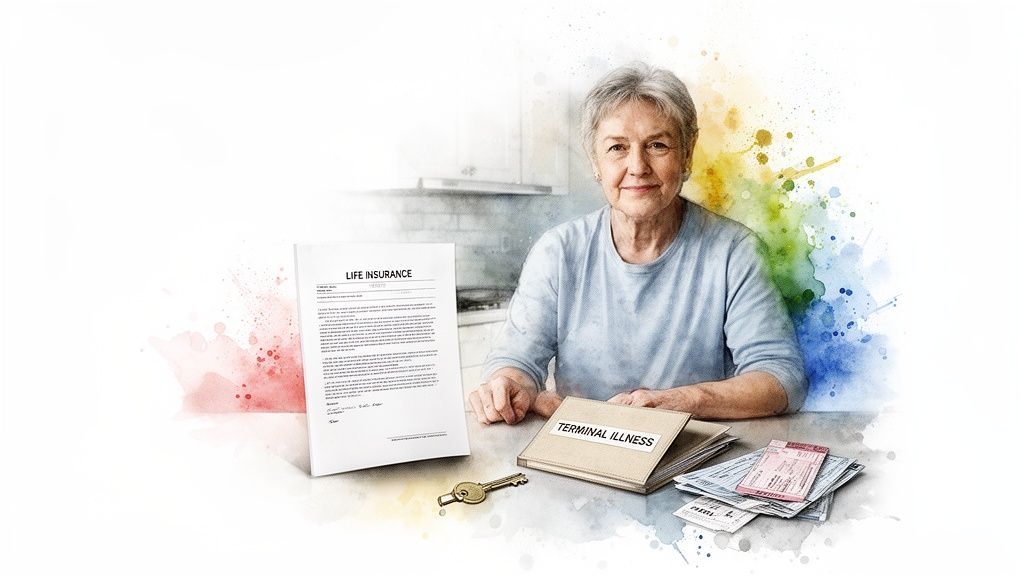 Elderly woman with life insurance documents, a 'Terminal Illness' folder, and a key, symbolizing important life planning.