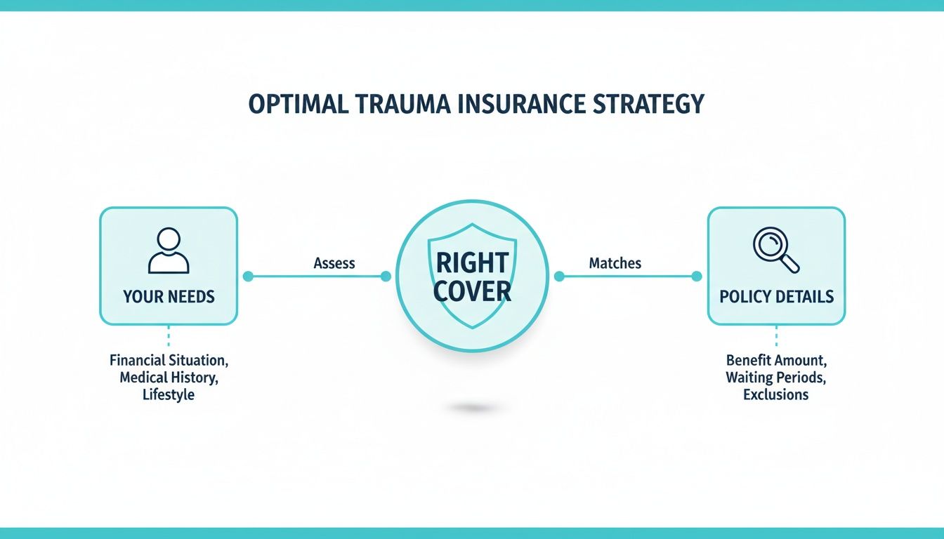 Flowchart illustrating an optimal trauma insurance strategy, connecting individual needs, right cover, and policy details.