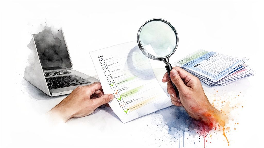 Hands reviewing a checklist with a magnifying glass, next to a laptop and documents.