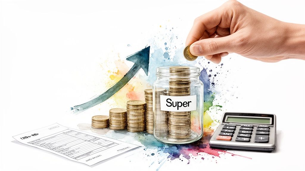 A hand places a coin into a 'Super' jar, surrounded by coin stacks, an upward arrow, and financial documents, symbolizing retirement savings.