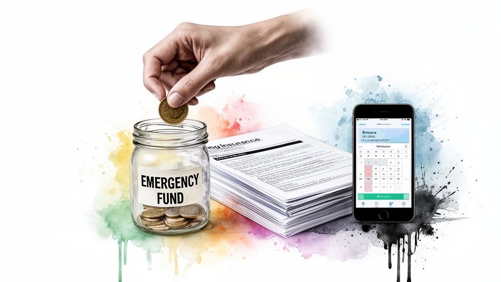 Hand putting coin into 'EMERGENCY FUND' jar, next to insurance documents and a calendar app.