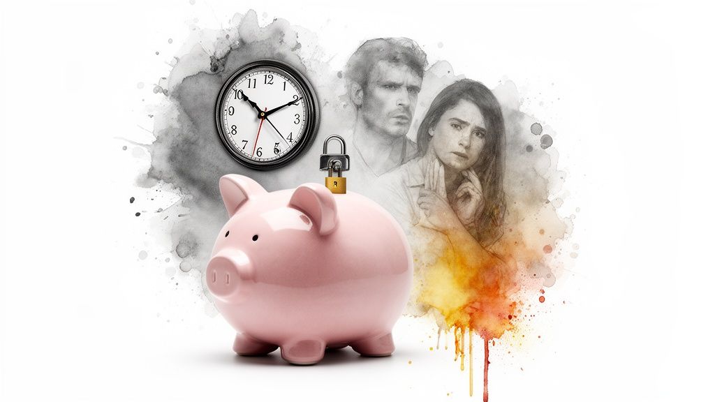 Pink piggy bank with padlock, clock, and distressed couple in a watercolor style.