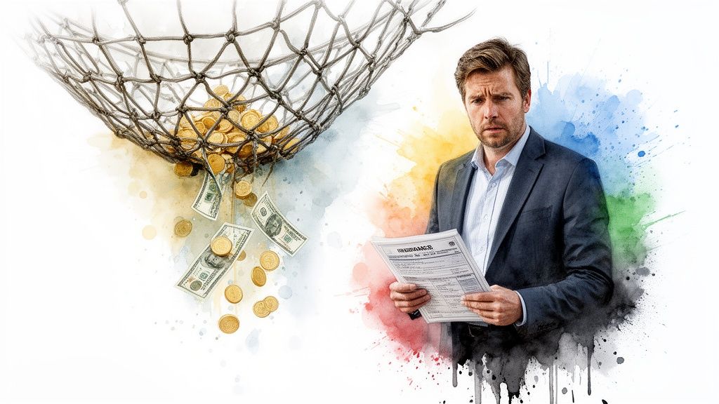 Concerned man in a suit holds papers as golden coins and dollars spill from a net.