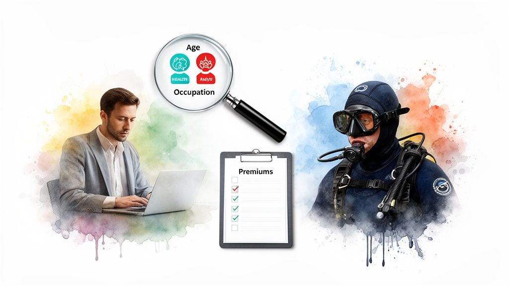 A magnifying glass highlights age and occupation factors, with a businessman, diver, and premiums checklist.