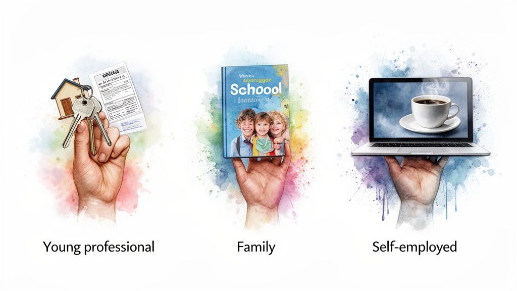 Three hands holding house keys, a school book, and a laptop, illustrating different life stages: young professional, family, and self-employed.