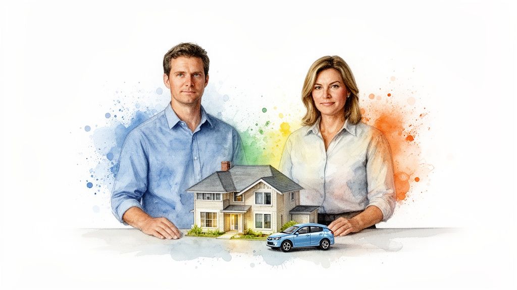 A couple stands behind a model house and a blue car, representing assets and financial planning.