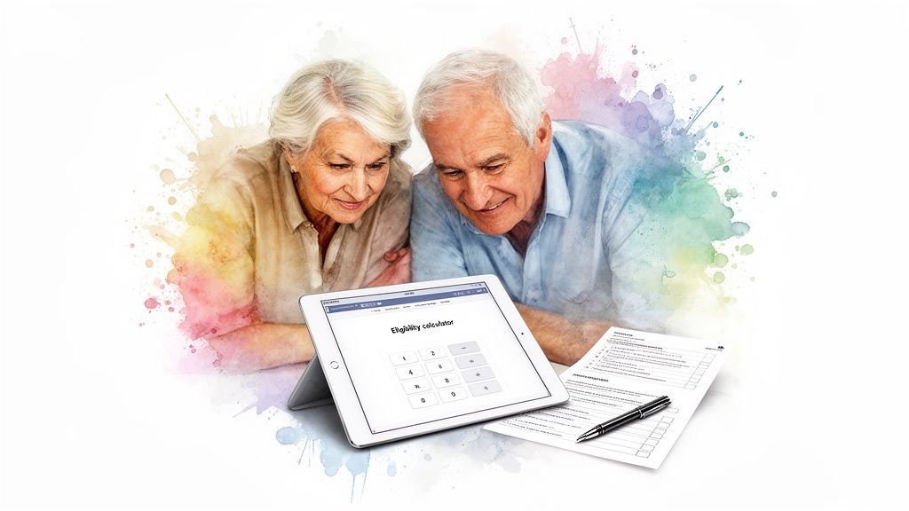 An elderly couple smiles while looking at a tablet displaying an eligibility calculator, with paperwork and a pen nearby.