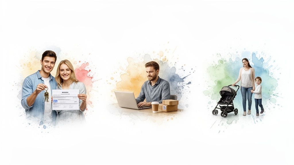 Three watercolor scenes depicting life events: a couple with new keys, a man working, and a mother with child.