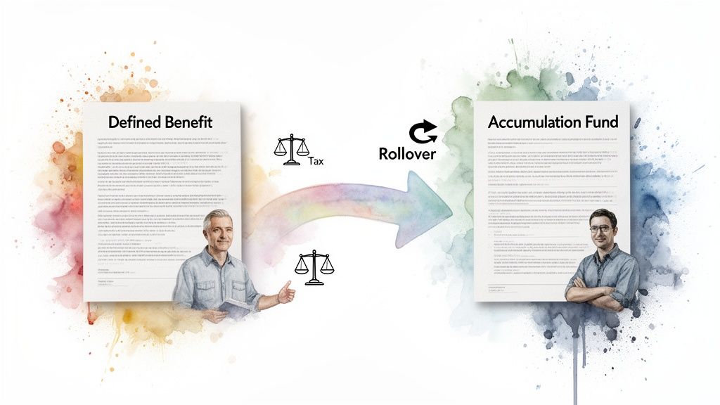 Illustration of a Defined Benefit fund rollover to an Accumulation Fund, highlighting tax and two individuals.