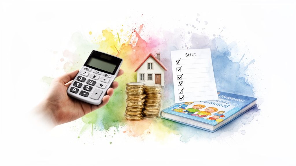 A hand holds a calculator, next to a house, coins, a checklist, and a children's book, depicting financial planning.