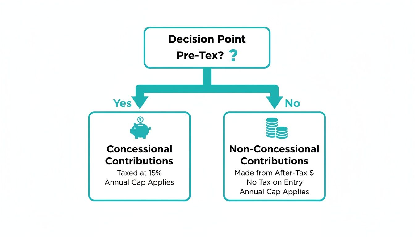 Flowchart explaining superannuation contributions based on pre-tax status: concessional (taxed at 15%) versus non-concessional (after-tax).