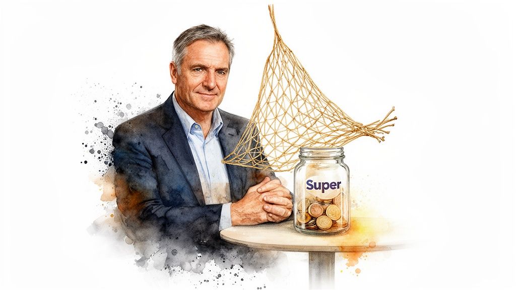 Watercolor illustration of a man, a fishing net, and a jar labeled 'Super' filled with coins.