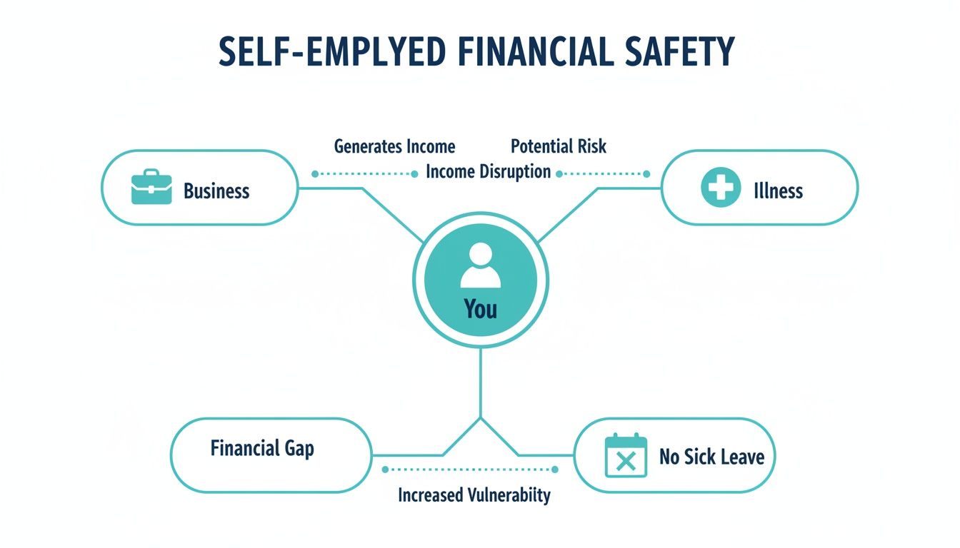 Infographic illustrating self-employed financial safety, connecting business, illness, and the resulting financial vulnerability and lack of sick leave.