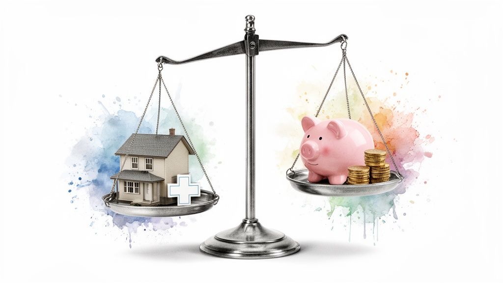 A balanced scale comparing a miniature house and medical cross with a piggy bank and gold coins.