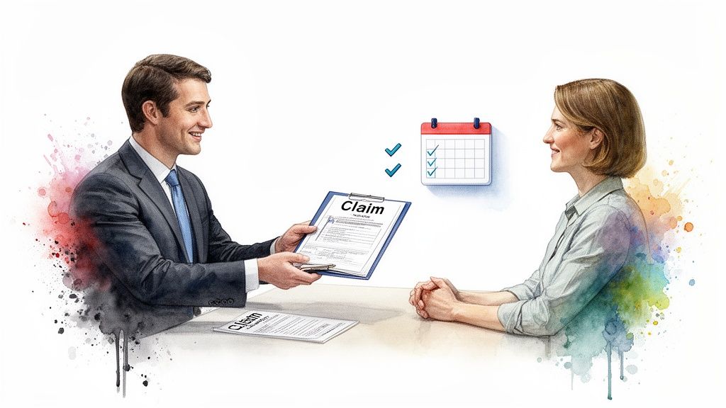A man in a suit discusses an insurance claim form with a woman, with a calendar checklist.
