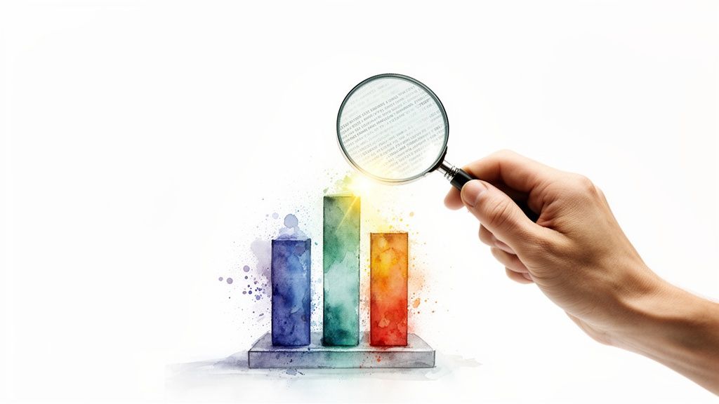 A hand uses a magnifying glass to examine a colorful watercolor bar chart, symbolizing data analysis.