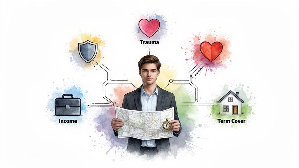 Man holding map and compass, surrounded by icons for income, trauma, term cover, and protection.