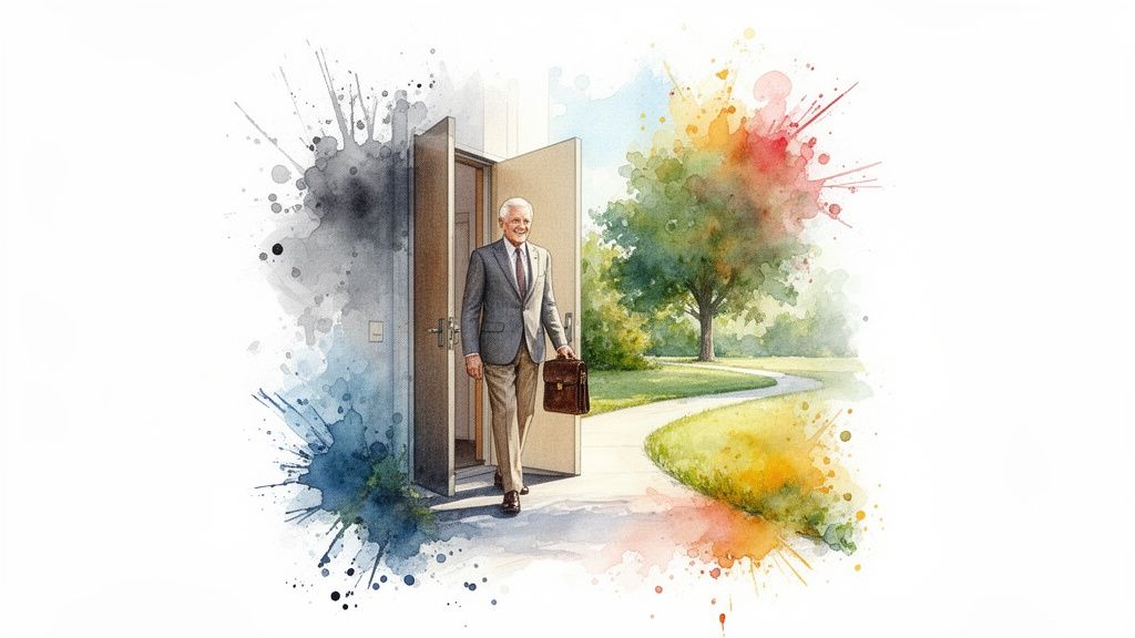 Smiling man steps from a grey, abstract area through a doorway into a vibrant, colorful park.