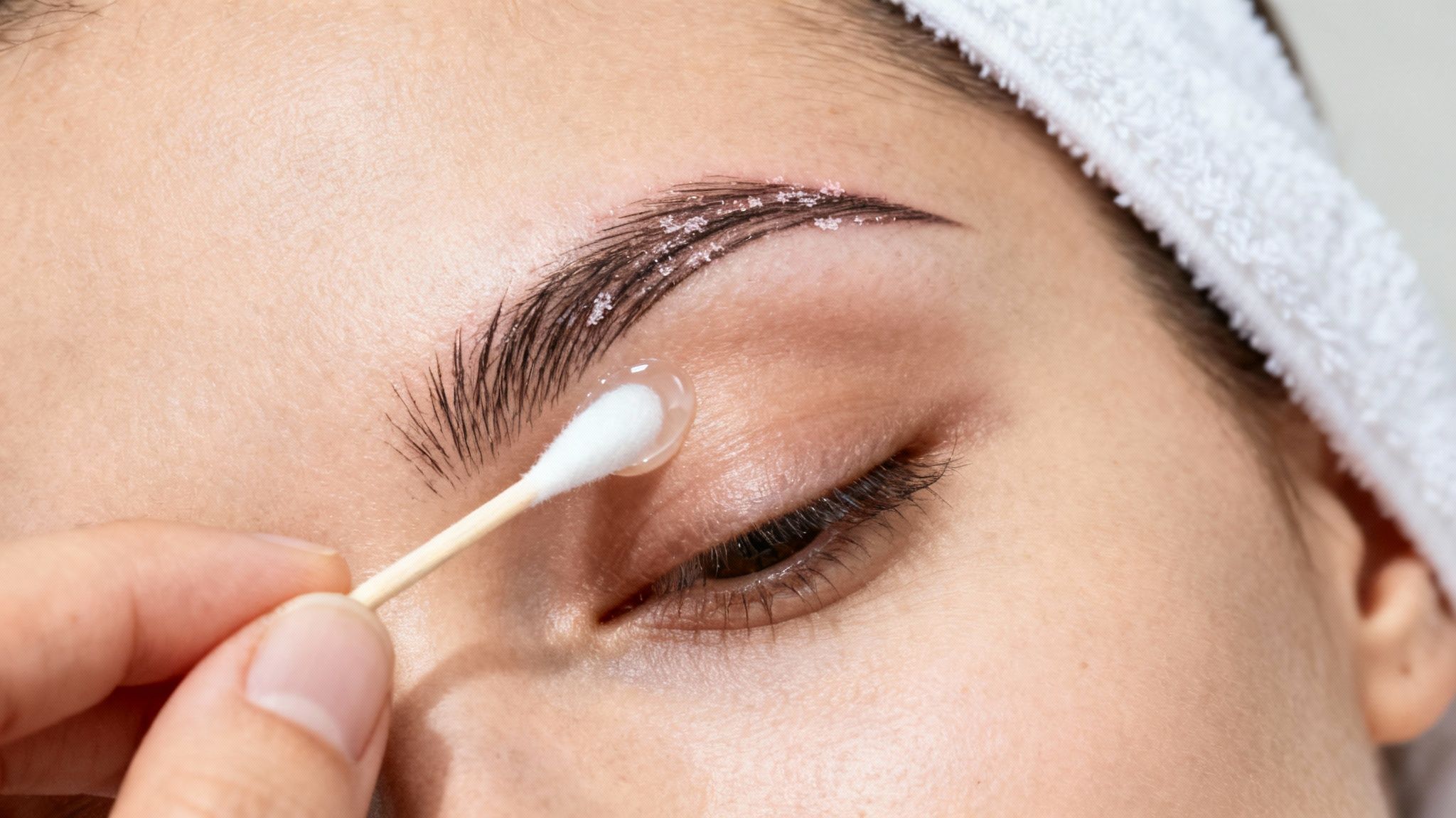 A close-up of a person's eyebrow with small crystals, as a hand applies clear liquid with a cotton swab.