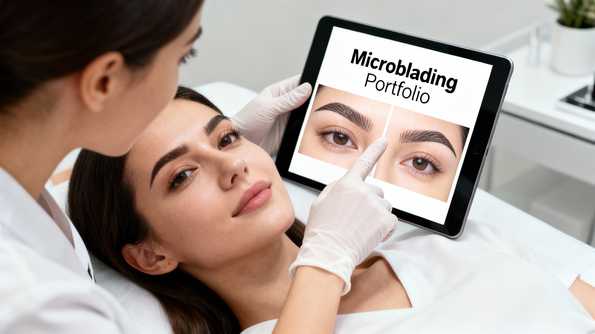 A beautician in gloves shows a client a tablet with a microblading eyebrow portfolio.