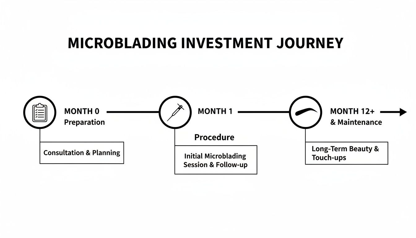 Timeline illustrating the microblading investment journey: preparation, procedure, and long-term maintenance.