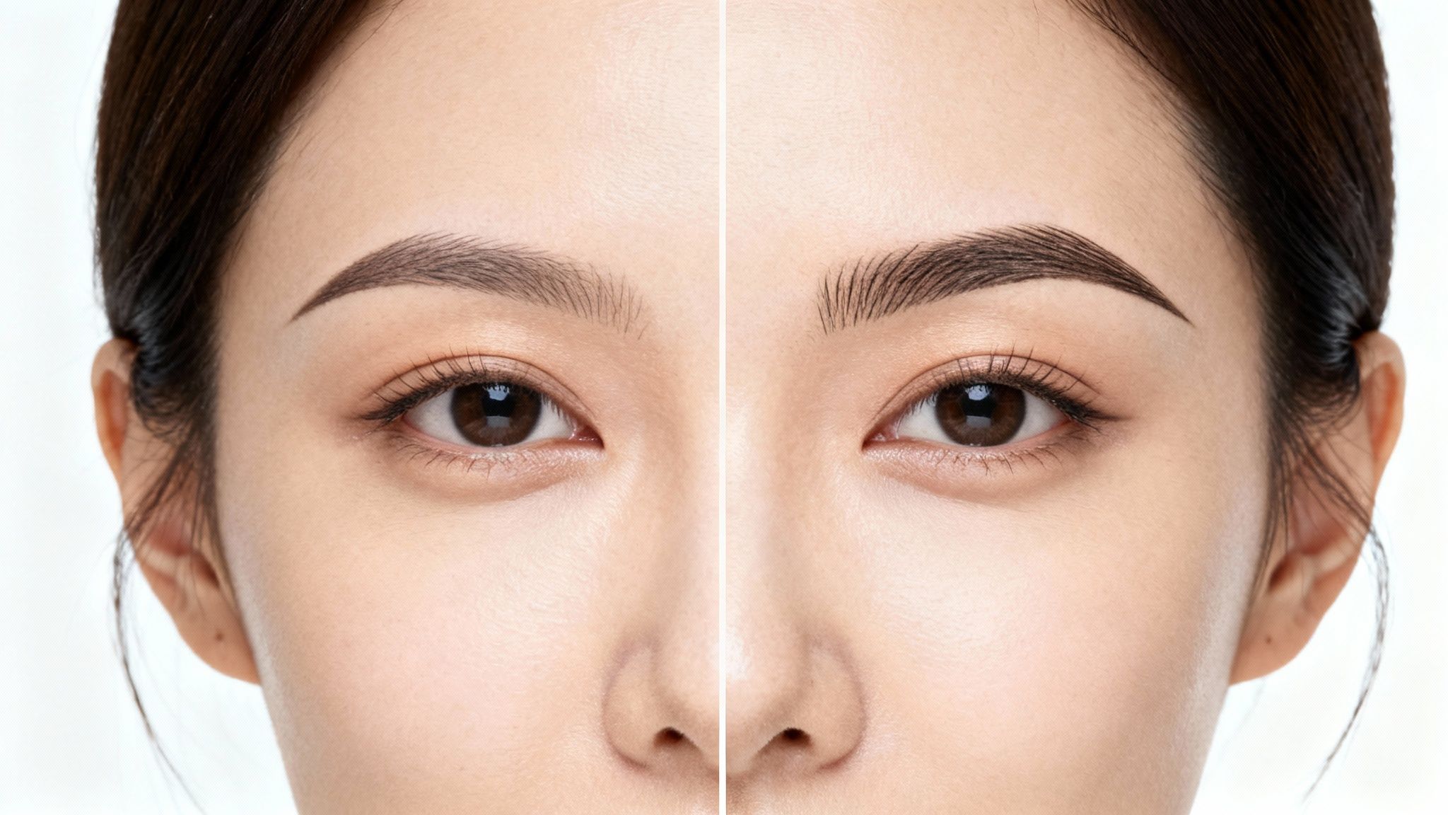 Close-up comparison of a woman's face, showing natural eyebrows versus fuller microbladed eyebrows.