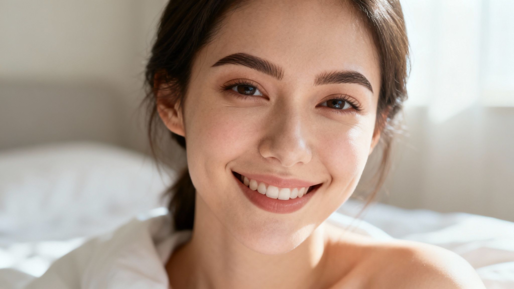 A smiling young woman with natural beauty, clear skin, and well-groomed eyebrows.