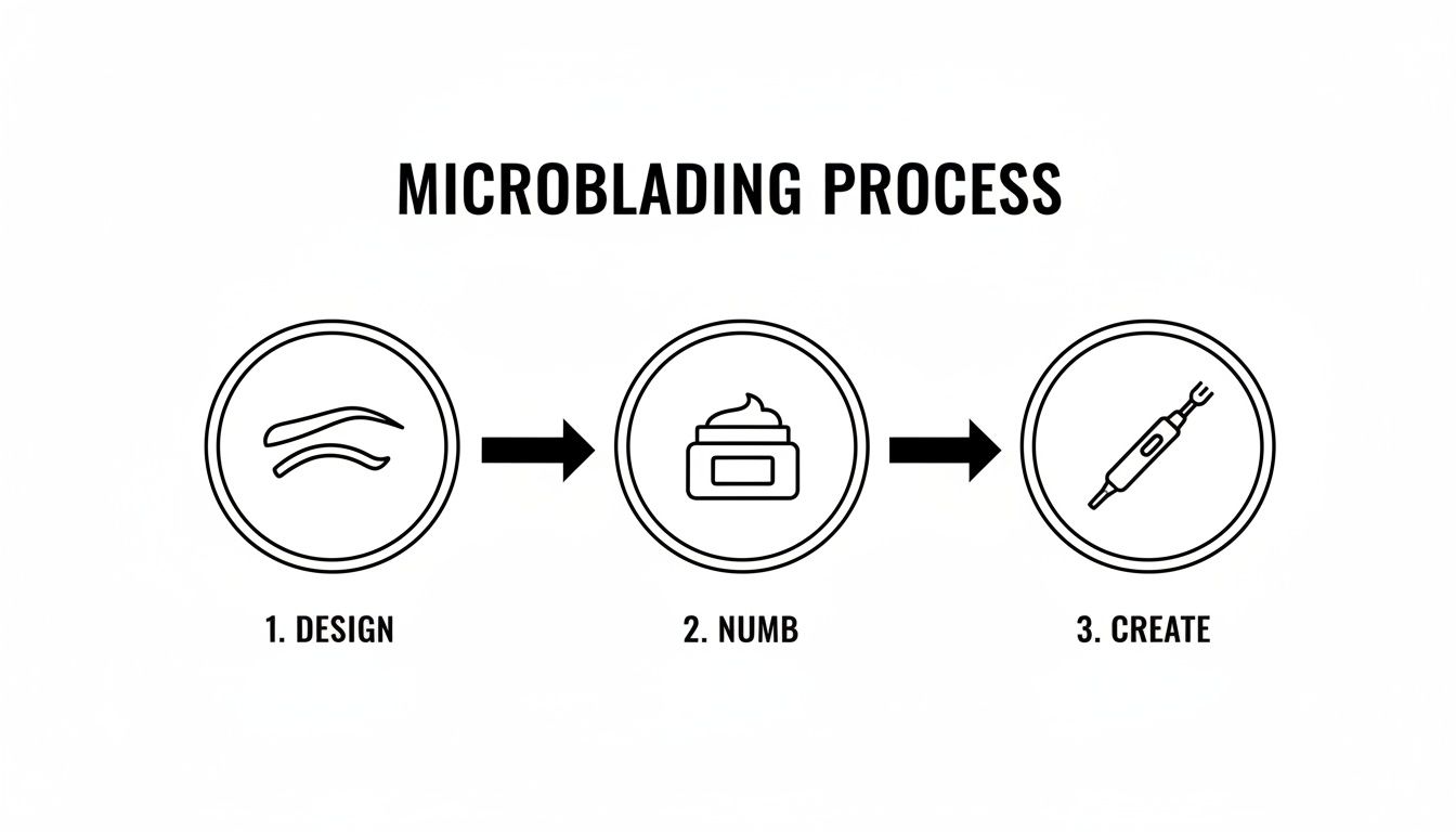 A diagram illustrating the three-step microblading process: design, numb with cream, and create with a microblading tool.