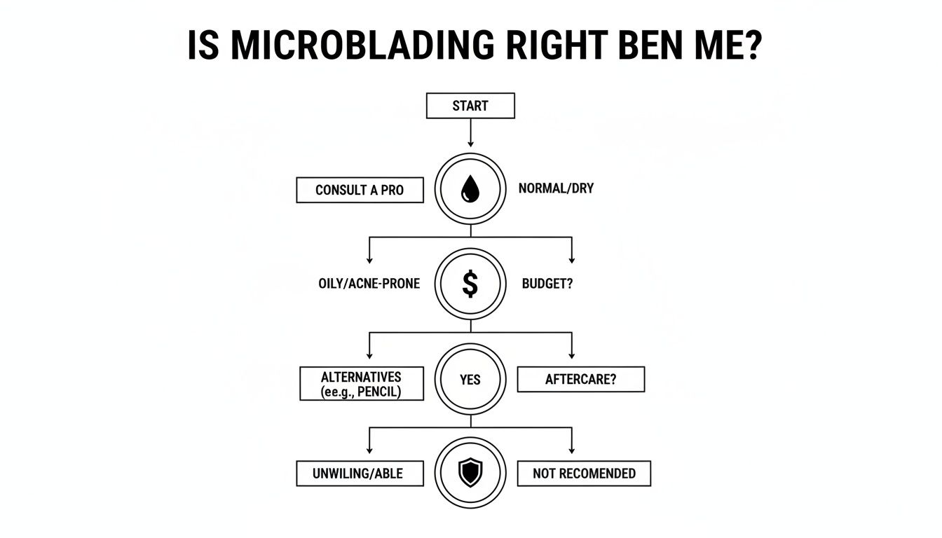 Flowchart answering 'Is Microblading Right For Me?' based on skin type, budget, and aftercare.