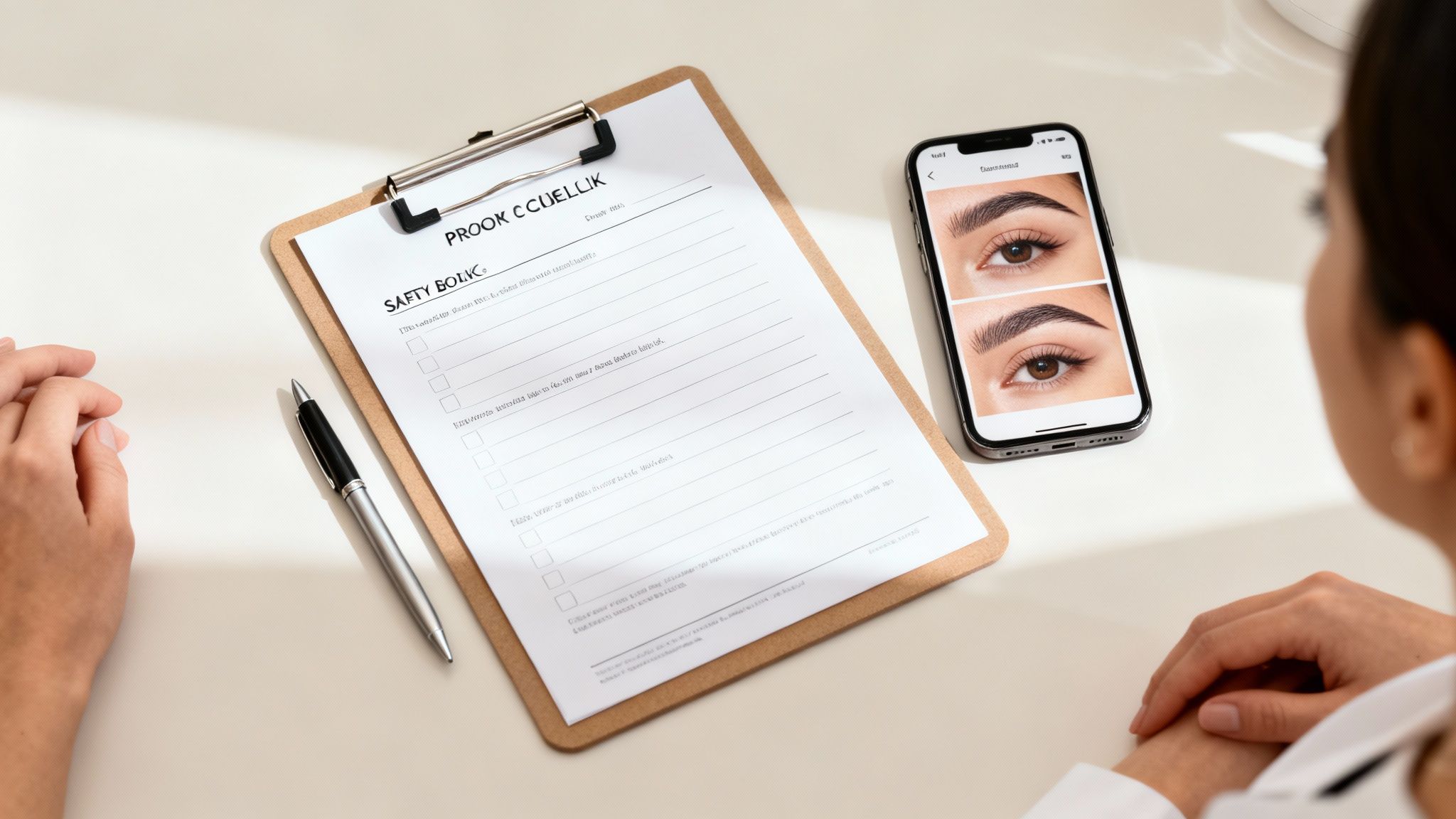 Person reviews eyebrow microblading results on a smartphone next to a consent form and pen.