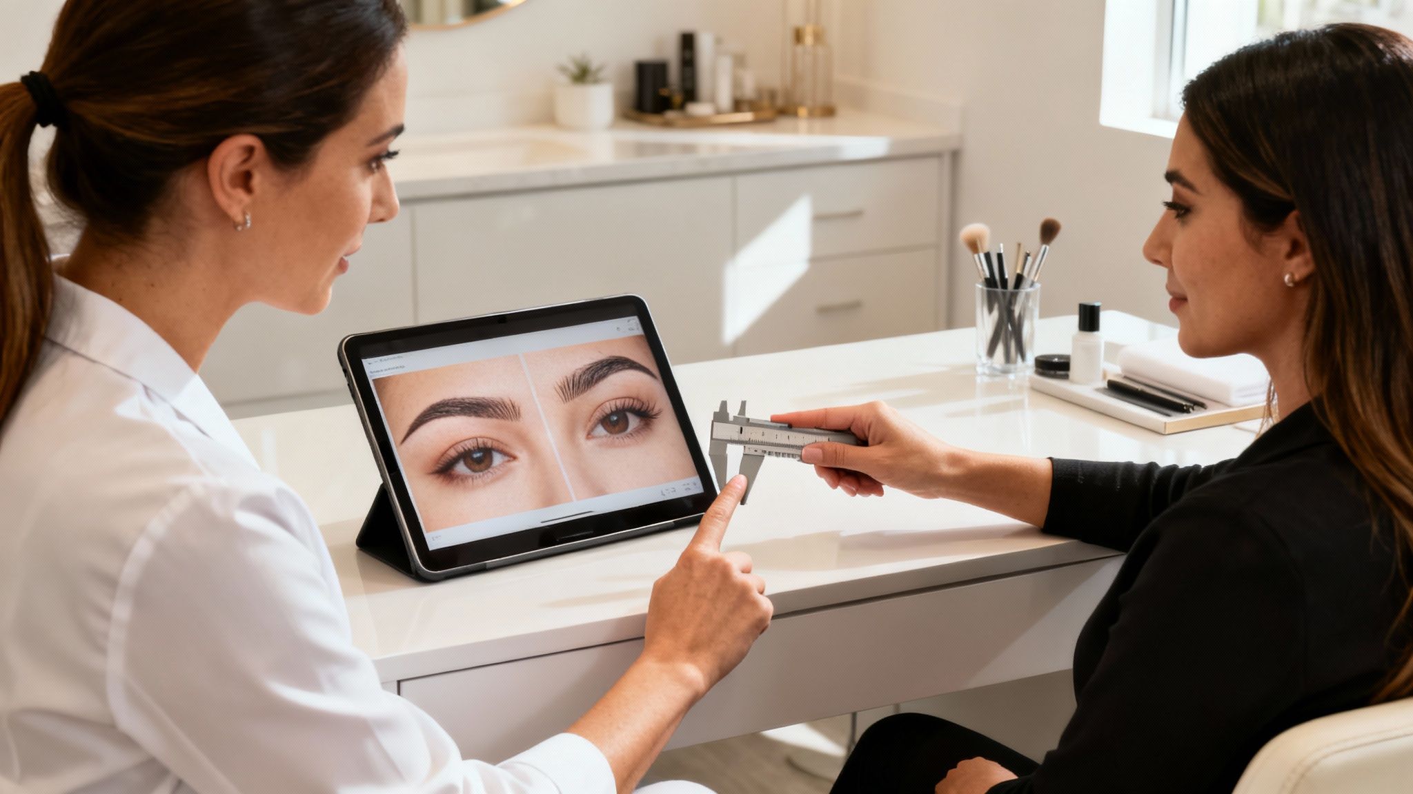 Two women discuss eyebrow enhancements, looking at a tablet with before-and-after photos and using calipers.