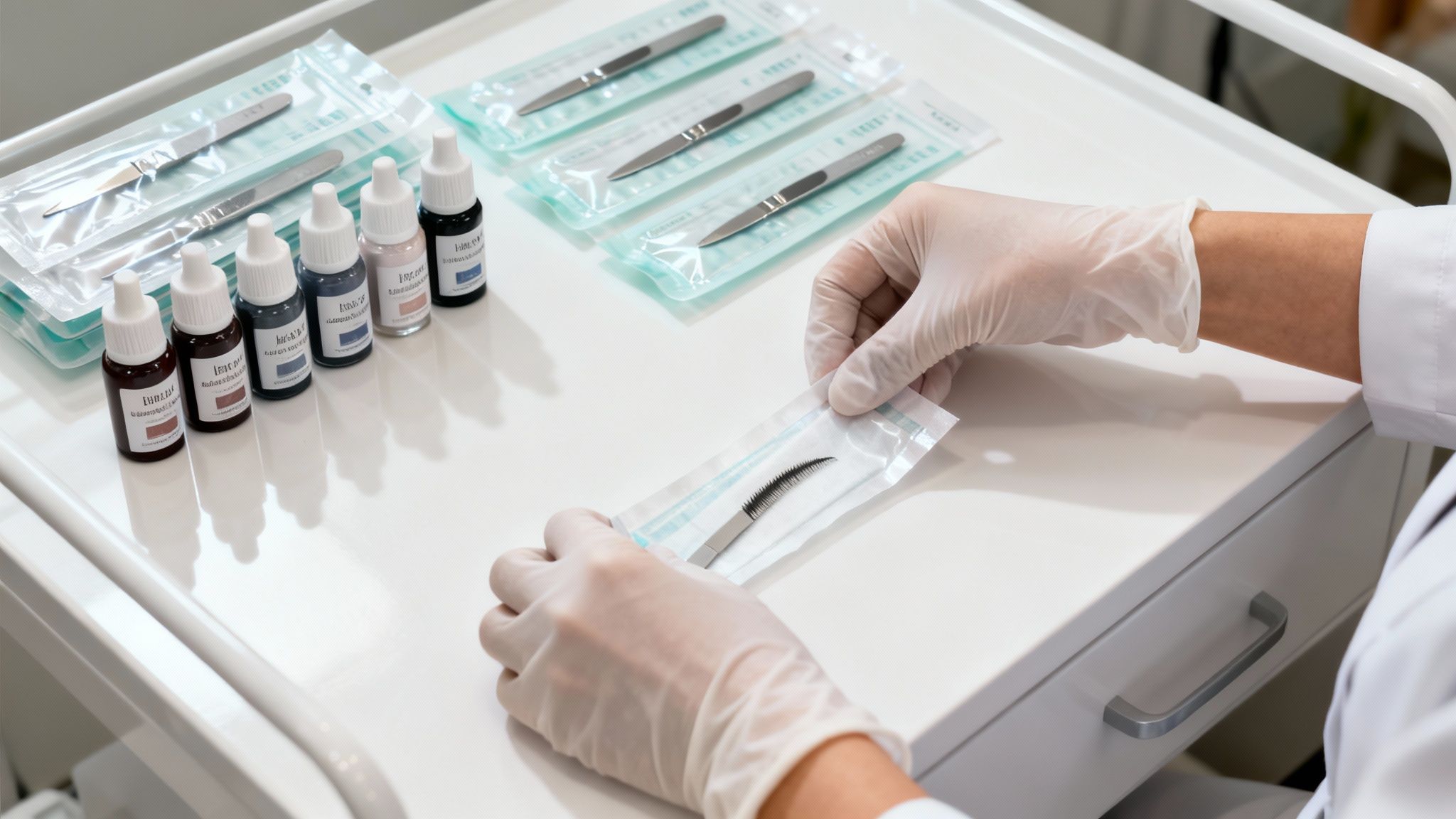 Gloved hands preparing a sterile tool on a clinic cart with various microblading pigments and instruments.