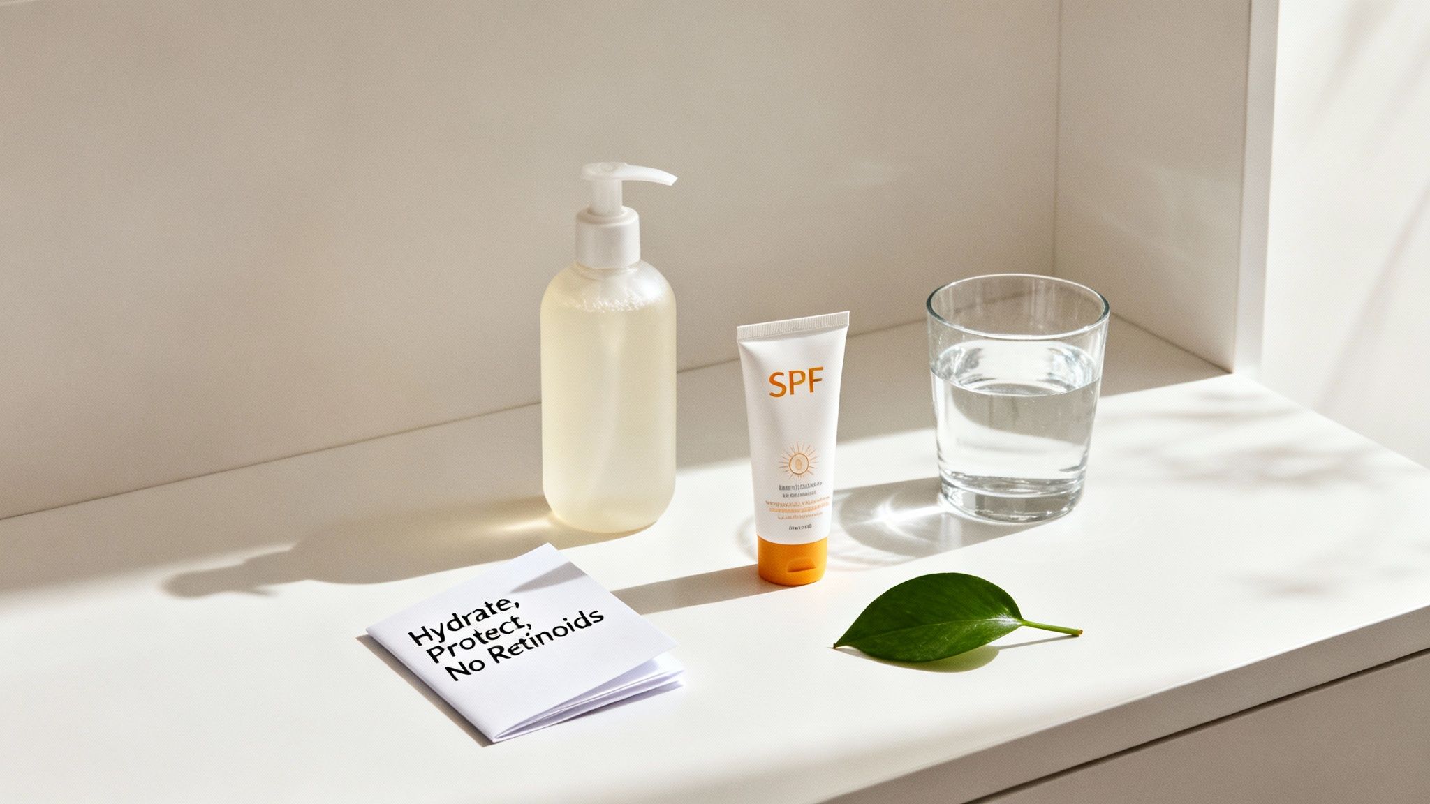 Skincare essentials including sunscreen, a cleanser bottle, water, a leaf, and a note on a white surface.
