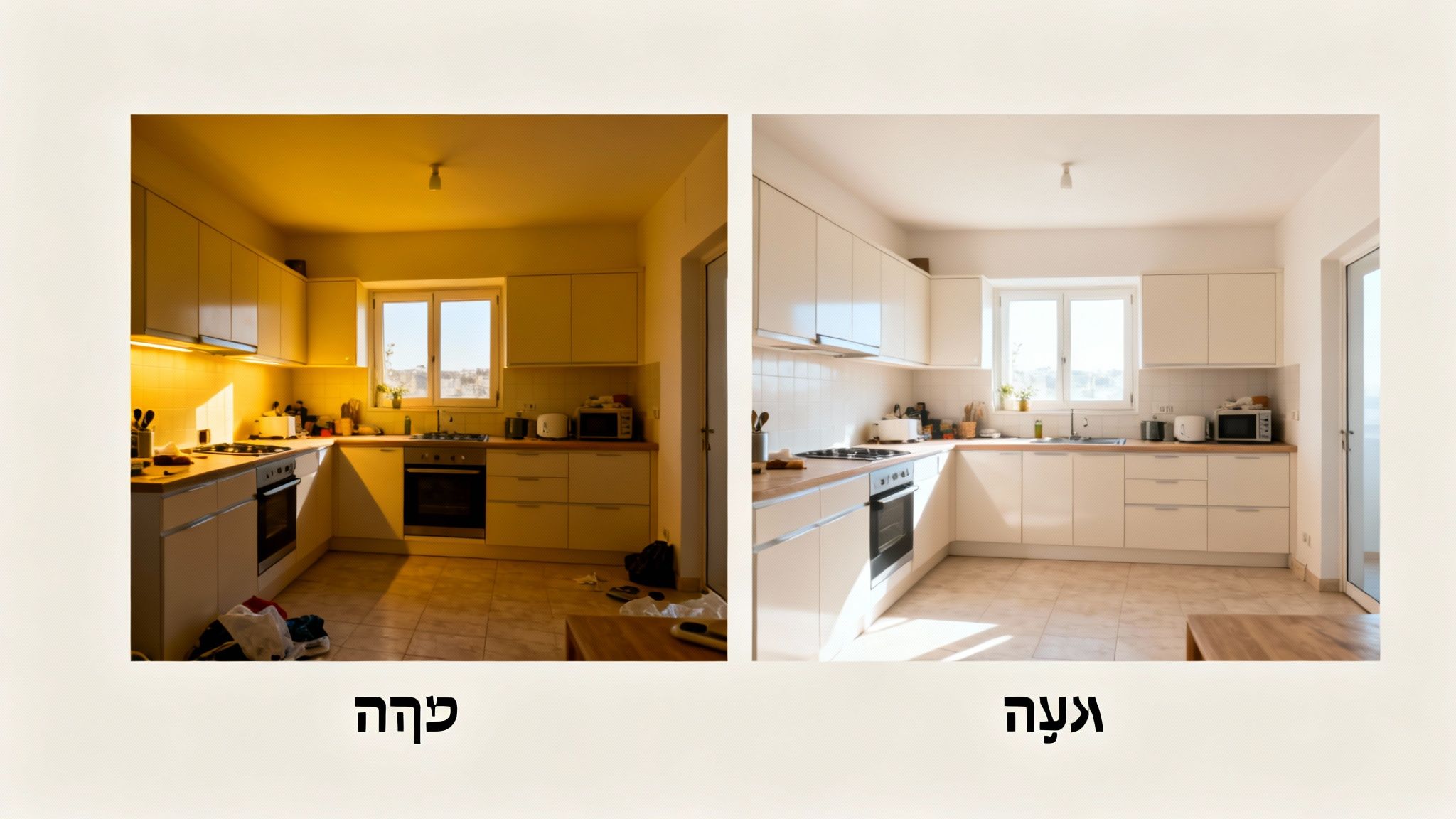 השוואה של מטבח עם תאורה חמה וכהה מול תאורה לבנה ובהירה, להמחשת הבדלי עיצוב.