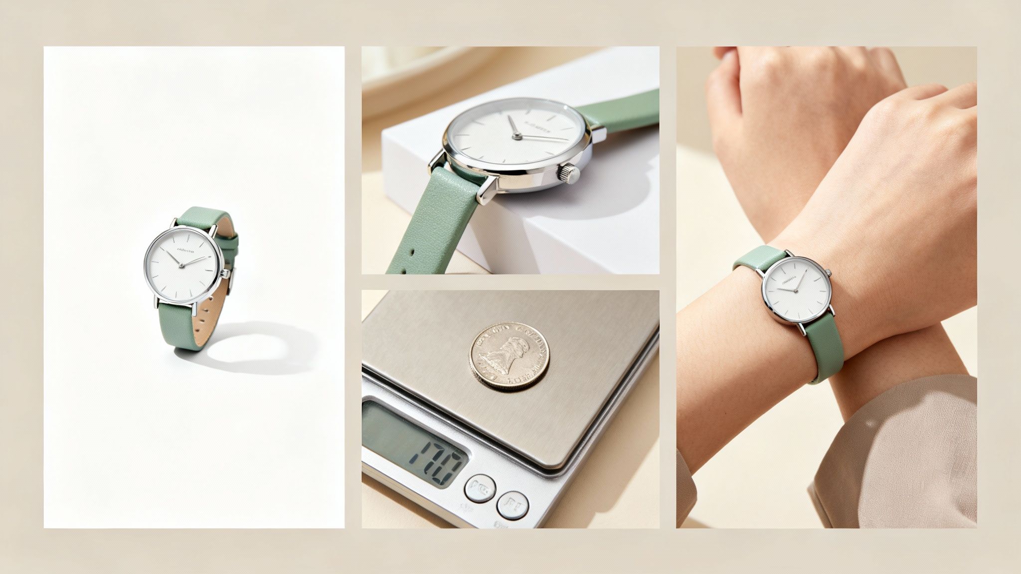 שעון יד אלגנטי עם רצועת עור ירוקה בהירה ולוח לבן, מוצג על פרק כף יד ובתקריב.