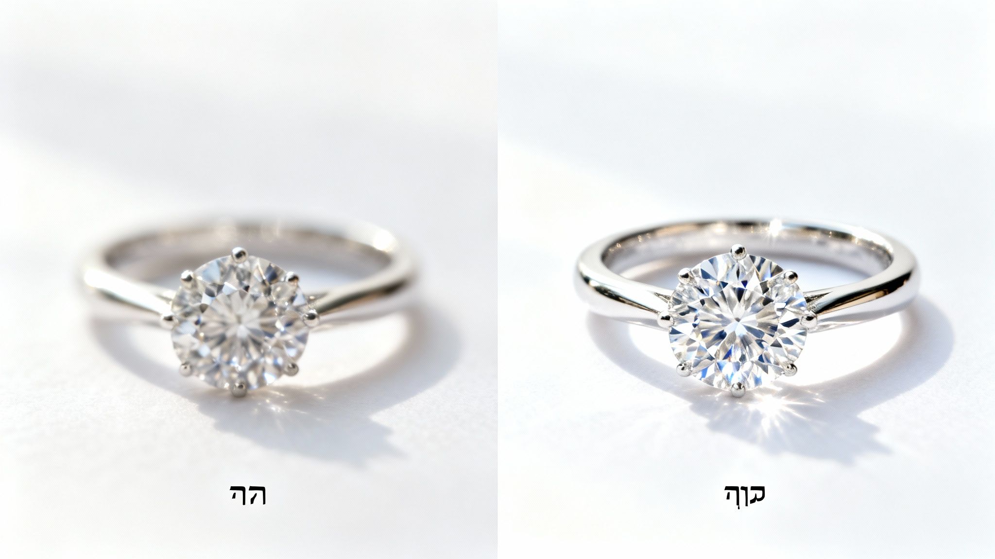 שתי טבעות אירוסין יהלומים נוצצות על רקע לבן, משווה פוקוס חד מול מטושטש.