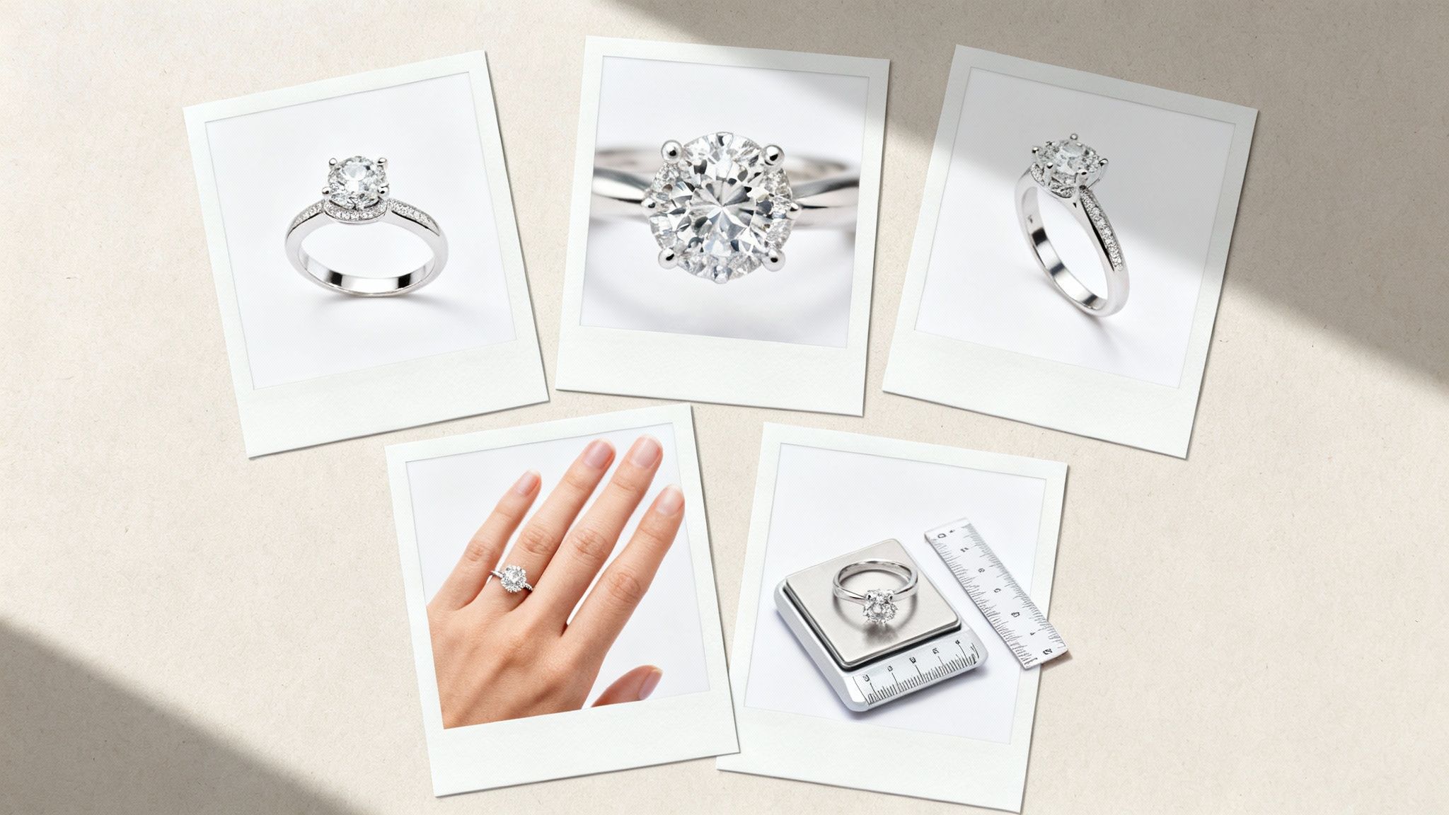 טבעת אירוסין יהלום נוצצת המוצגת בחמישה צילומים שונים, כולל על יד ועם כלי מדידה.