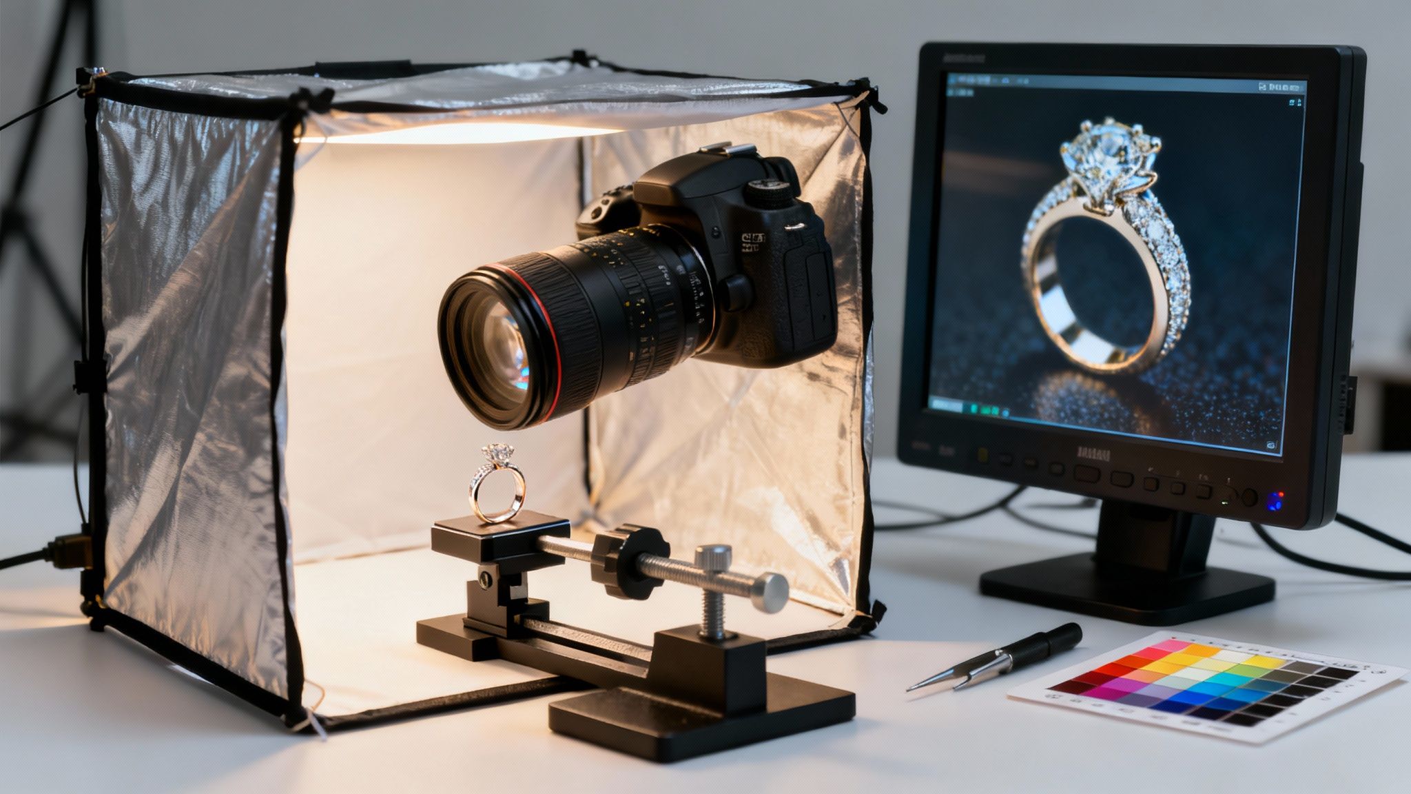 הגדרת צילום תכשיטים מקצועית עם טבעת יהלום, מצלמה, קופסת תאורה ומסך המציג את התמונה.