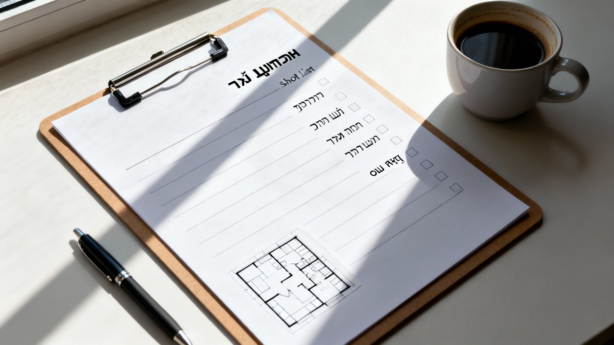 מבט עליון על קלמר, דף עם רשימת צילום ותוכנית דירה, כוס קפה ועט על שולחן.