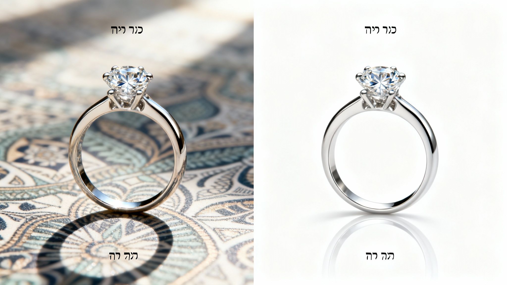 טבעת אירוסין יהלום נוצצת, מוצגת על רקע דוגמתי ורקע לבן חלק, עם השתקפות.