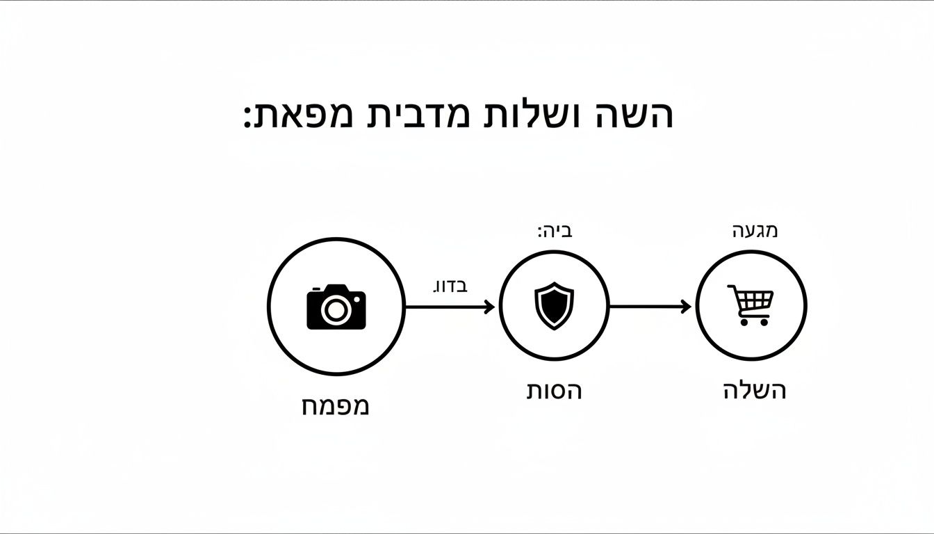 תרשים זרימה המציג את הקשר בין צילום מוצרים, בניית אמון וביצוע רכישה מקוונת.