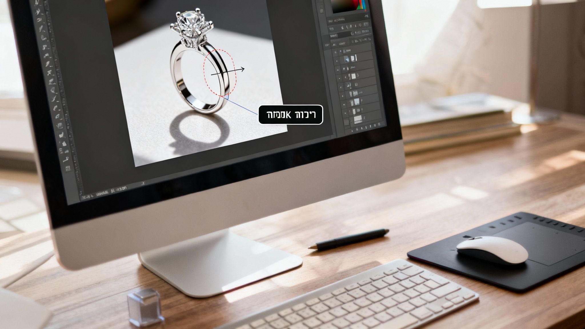 מסך מחשב מציג עריכת תמונת טבעת יהלום בפוטושופ, עם רקע לבן ושולחן עבודה מסודר.