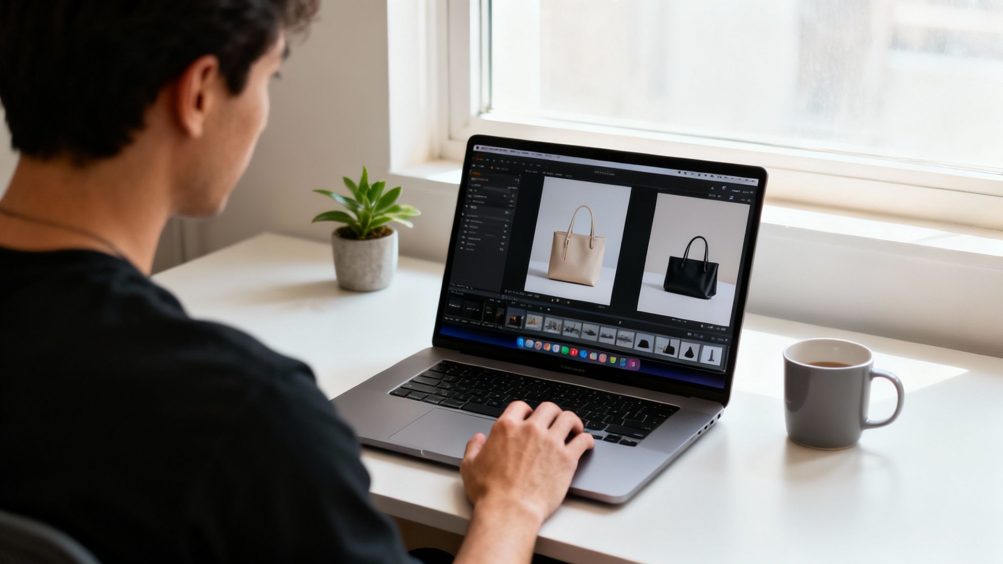 אדם עורך תמונות מוצר של תיקים על מחשב נייד, עם עציץ וספל קפה על שולחן לבן ליד חלון.