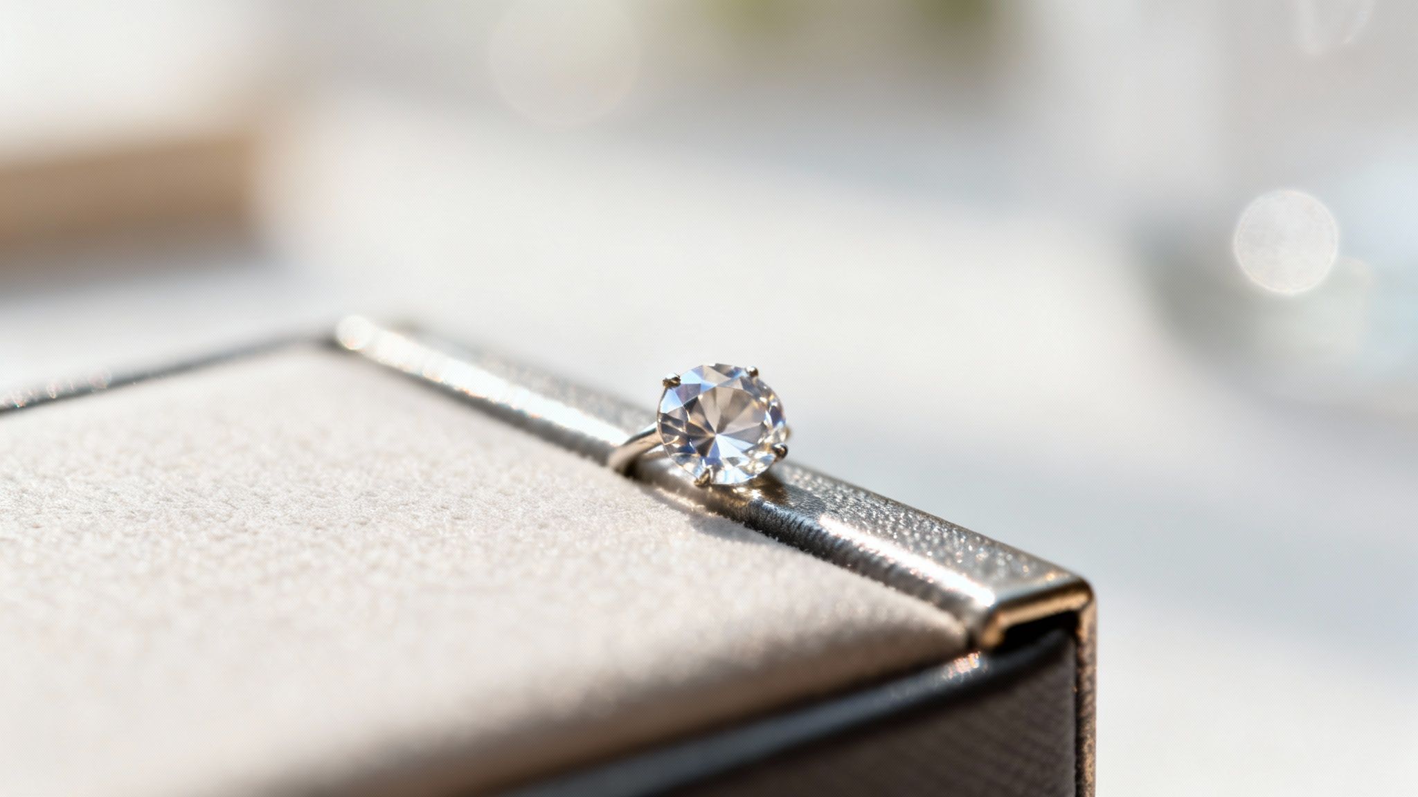 טבעת אירוסין יהלום נוצצת מונחת בעדינות על קופסת תכשיטים מוארת באור טבעי.