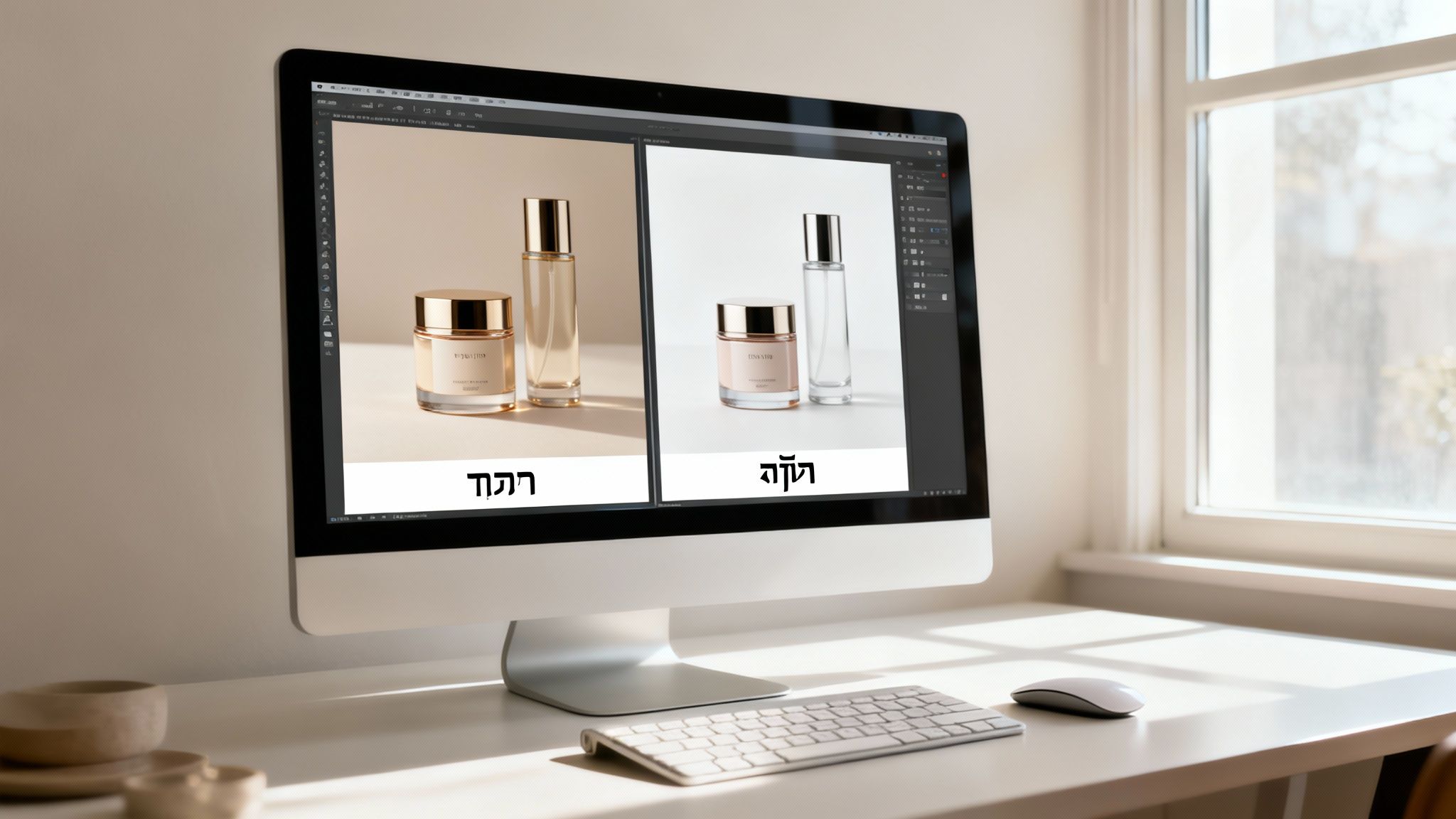מסך מחשב מציג תמונות של מוצרי קוסמטיקה, כולל קרם ובושם, על שולחן עבודה מואר.