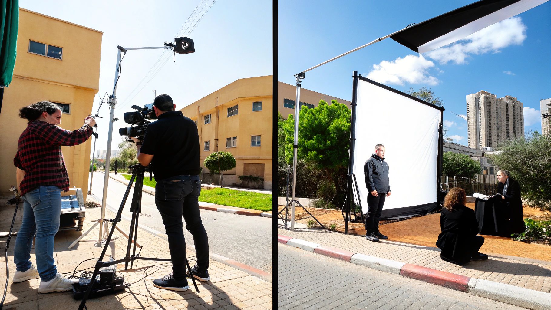 צוות צילום מקצועי מפיק ראיון בחוץ עם מצלמה, תאורה ורפלקטורים, יום שמשי.