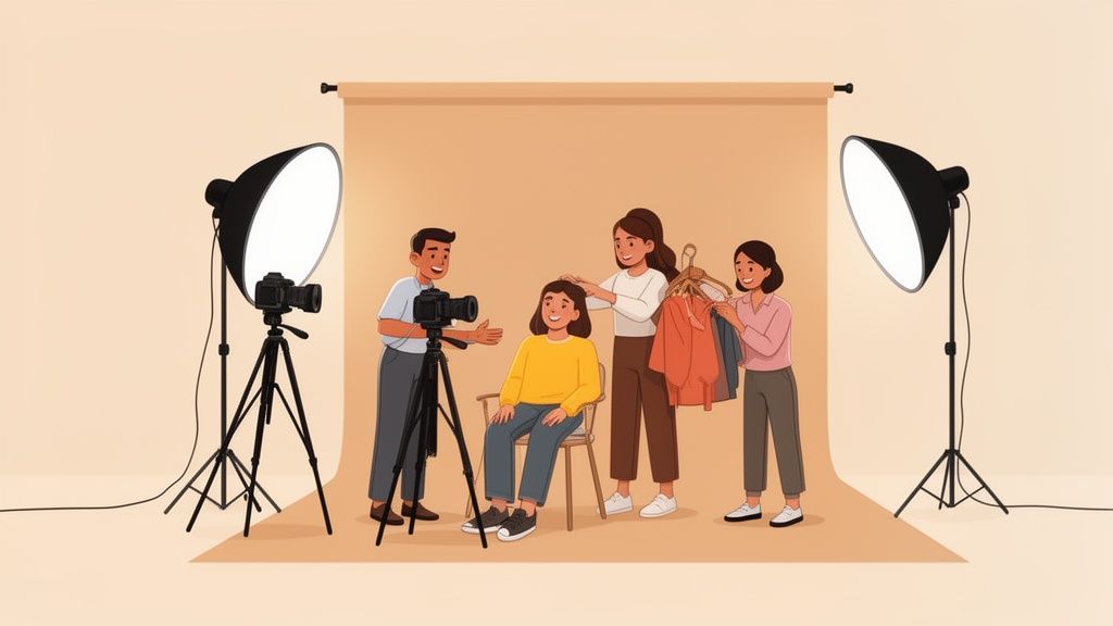 סט צילומים מקצועי עם צלם, דוגמנית, סטייליסטית ומלבישה, כולם עובדים יחד ליצירת תמונת תדמית.