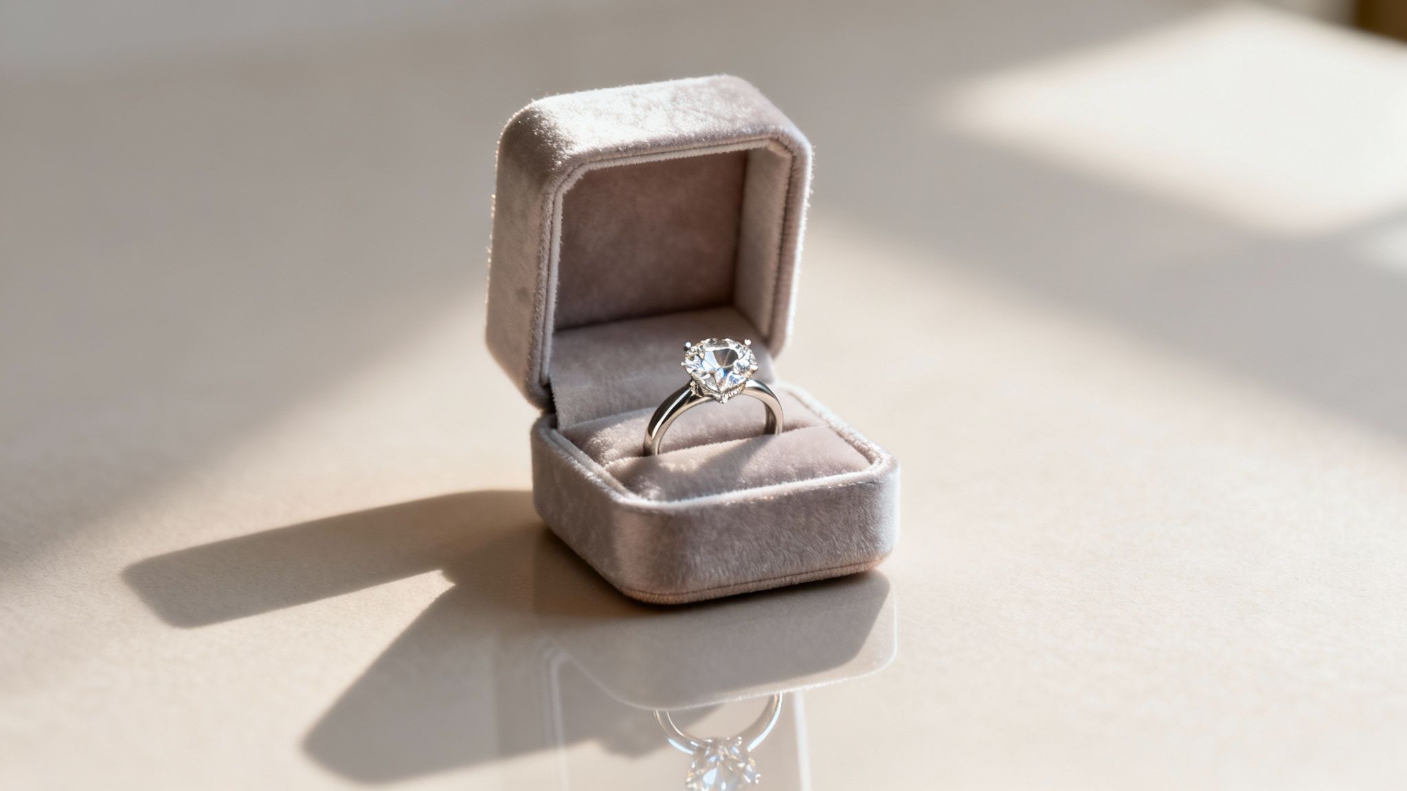 טבעת יהלום מבריקה בקופסת קטיפה אפורה מוארת באור שמש טבעי ומוצגת באלגנטיות.