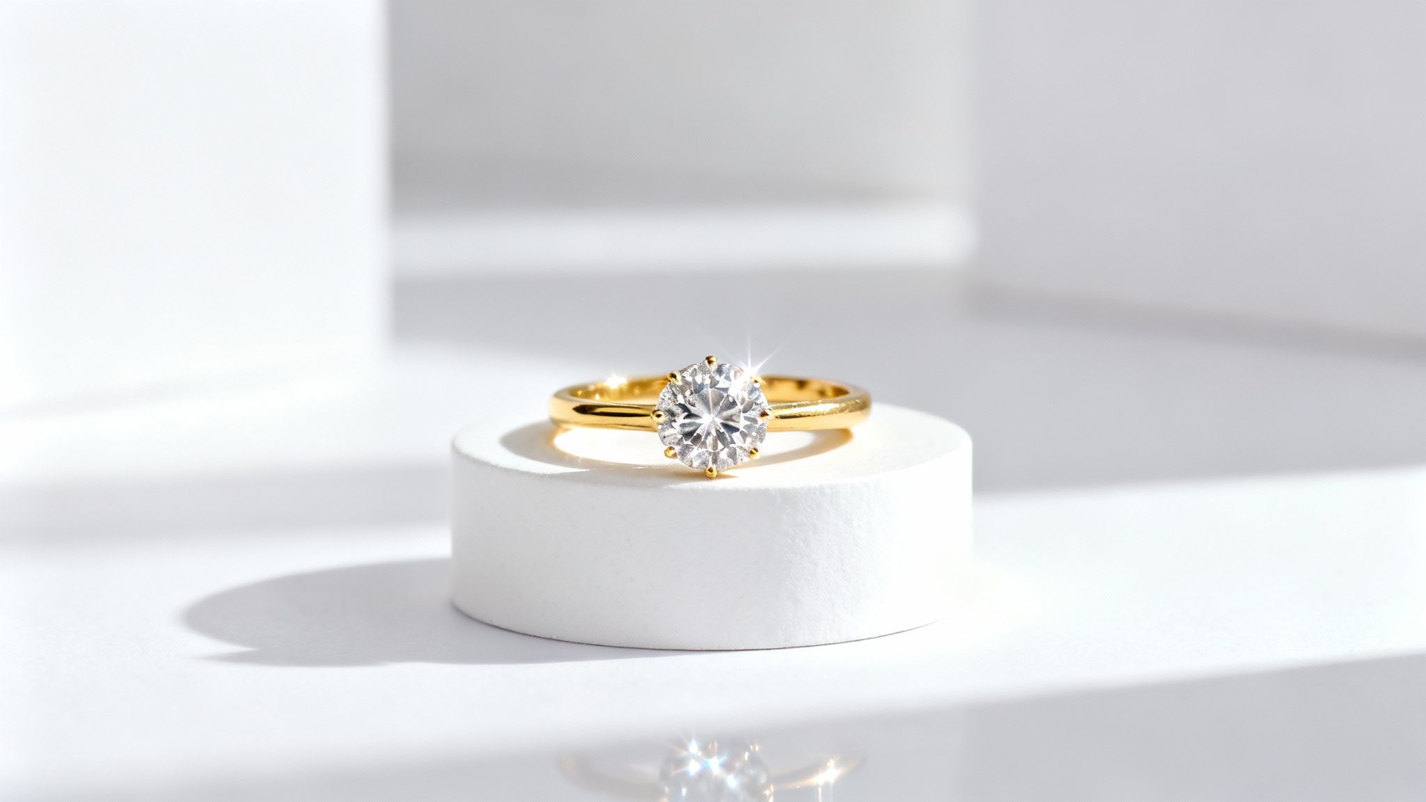טבעת אירוסין מזהב צהוב נוצצת עם יהלום עגול בוהק, מוצגת על דוכן לבן אלגנטי.